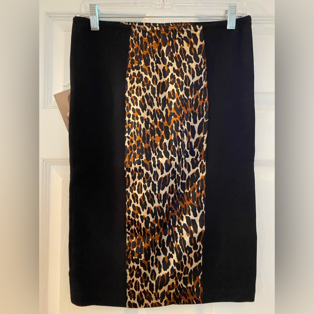 Vintage Betsey Johnson Black and Leopard Print Knee-Length Pencil Skirt